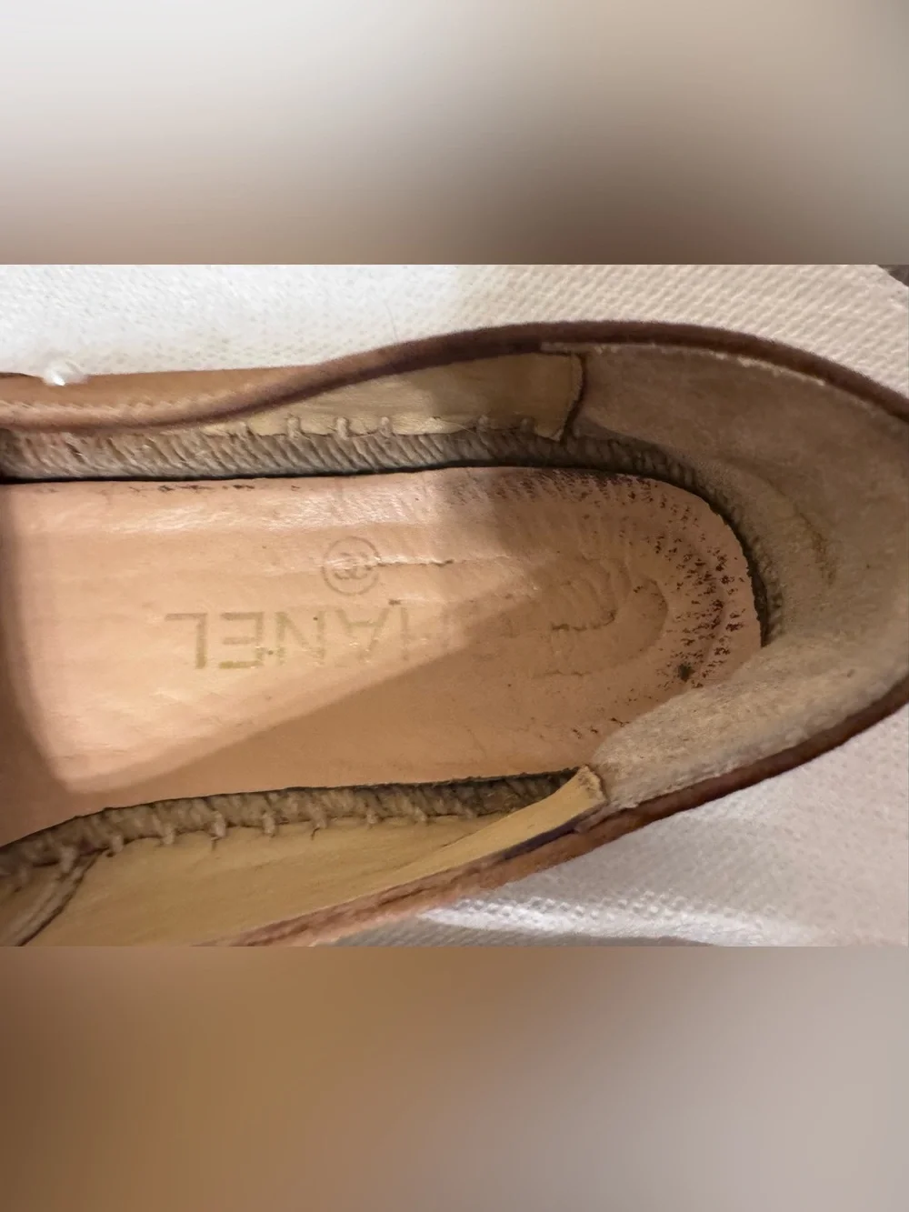 AUTHENTIC CHANEL Tan Suede Pearl-Embellished Flats